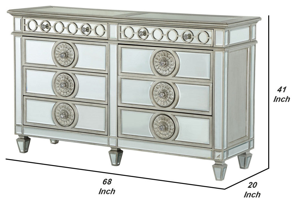 Benzara BM251278 Dresser With Mirror Front 8 Drawers and Sunburst Motifs, Silver