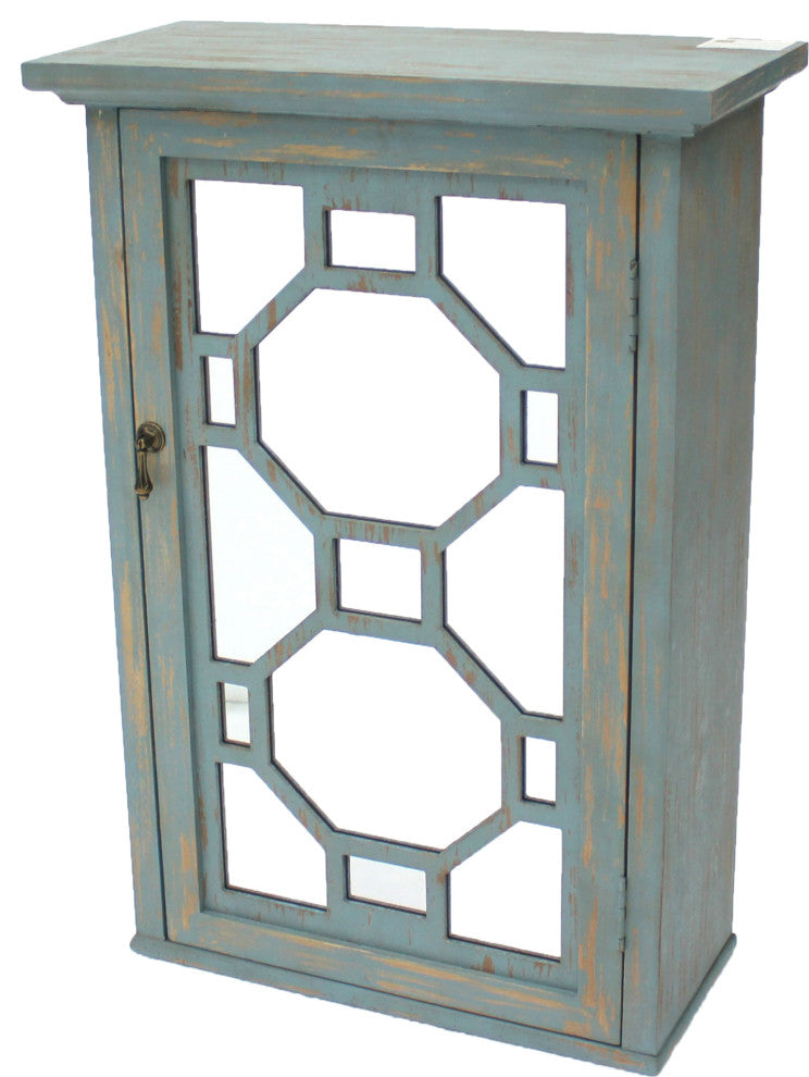 8" x 20" x 29" Blue, Single Door, Art Deco, Wooden, Mirror Cabinet