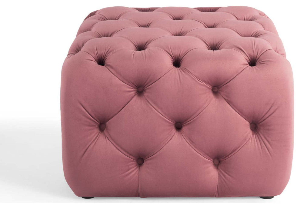 Tufted Accent Chair Ottoman, Square, Velvet, Pink, Modern, Lounge Hospitality