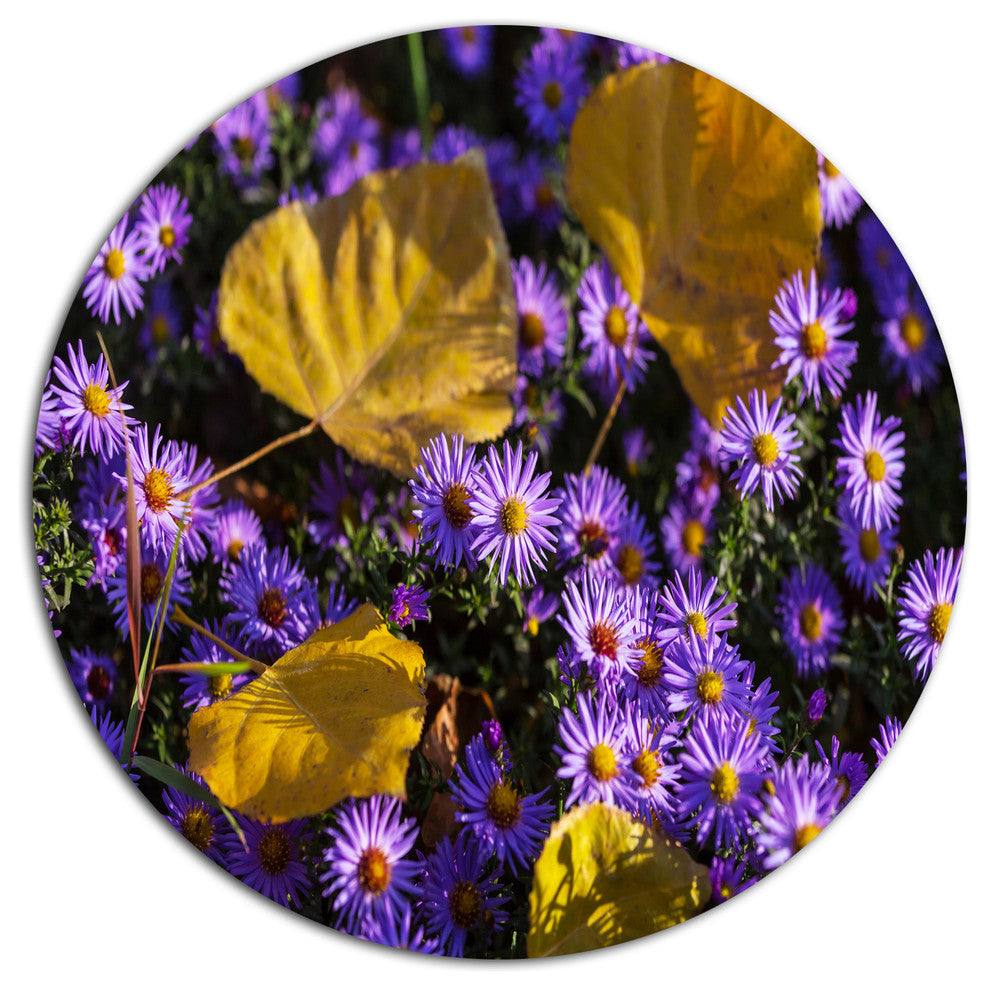 Little Purple Flowers And Yellow Leaves, Flower Disc Metal Artwork, 11"
