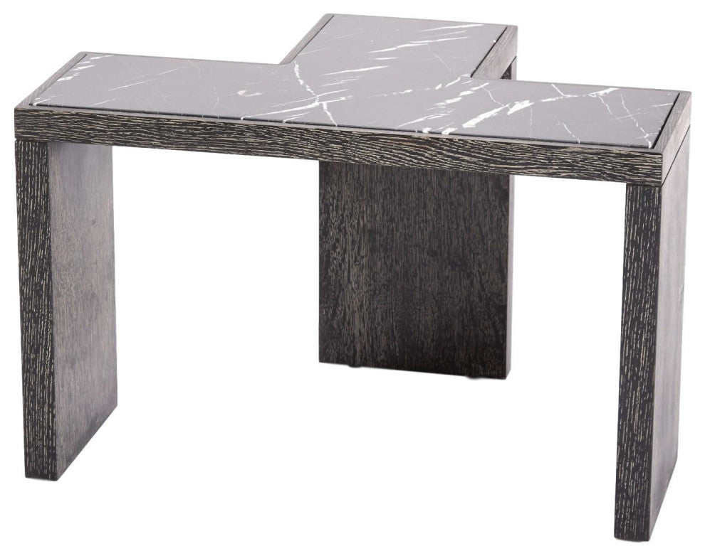 Minimalist Black White Marble T Shaped Table  Wedge Accent Bunching Modern