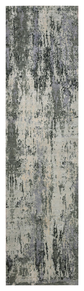 Charcoal Gray Wool and Silk Denser Weave Hand Knotted Runner Rug, 2'7"x10'2"