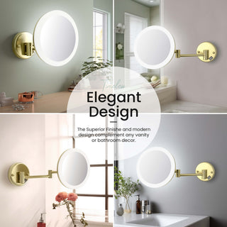 Circular LED Wall Mount One Side 5x Magnifying Make Up Mirror, Brushed Gold