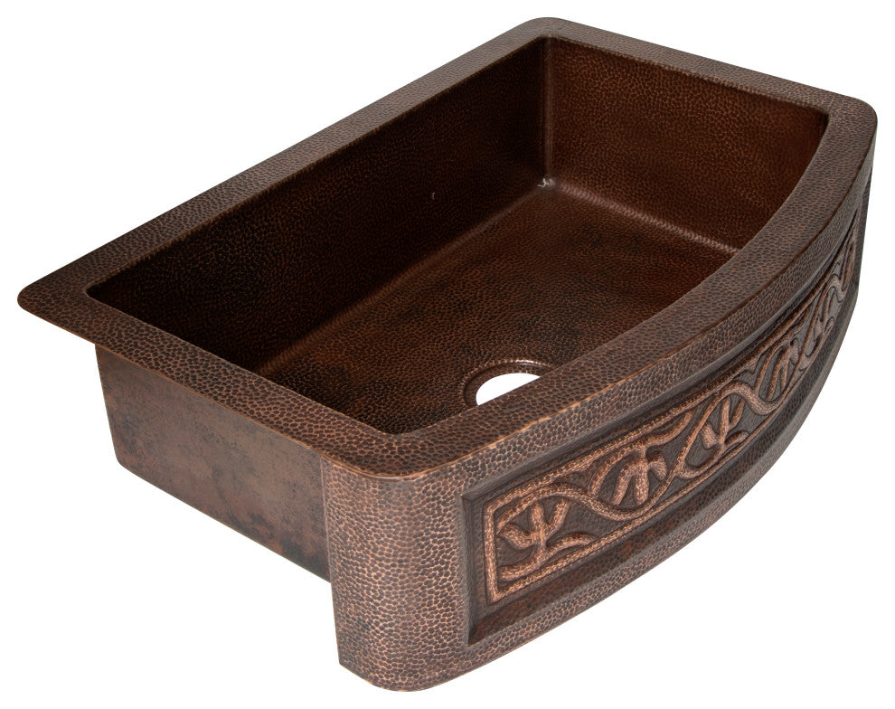 33" Farmhouse One Bowl Cactus Round Apron Hammered Copper Kitchen Sink, 16 Gauge