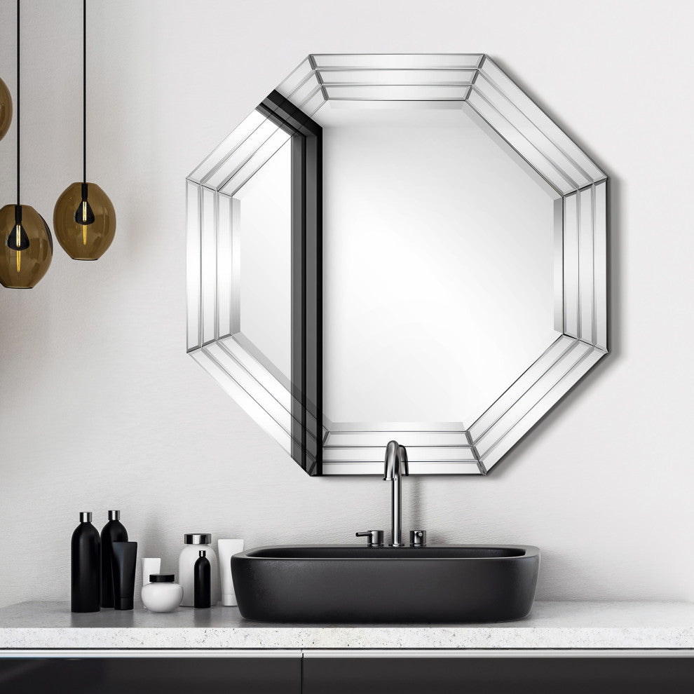 Beveled Multi Faceted Octagons Wall Mirror, 1" Beveled Center, Wood Frame