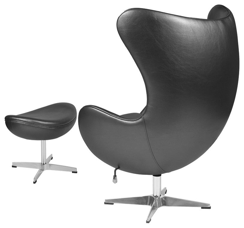 Gray Leather Egg Chair With Tilt-Lock Mechanism And Ottoman