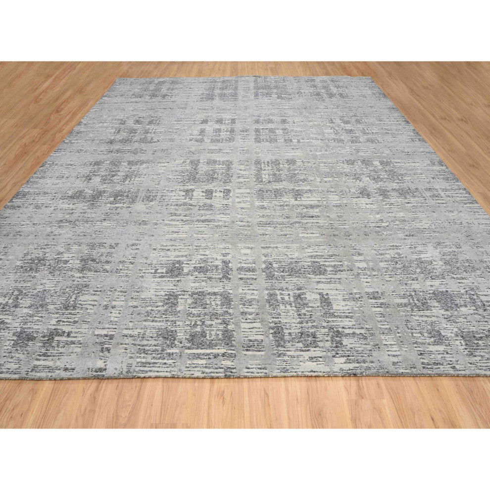 Light Gray, Modern Design, Natural Wool, Hand Knotted Square Rug, 13'7"x14'0"