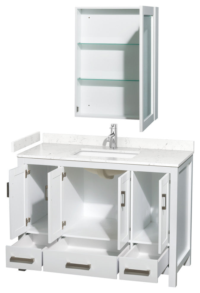 48"SGL Bathroom Vanity White, Carrara Cult. Marble Countertop, Sink, Med.Cabinet