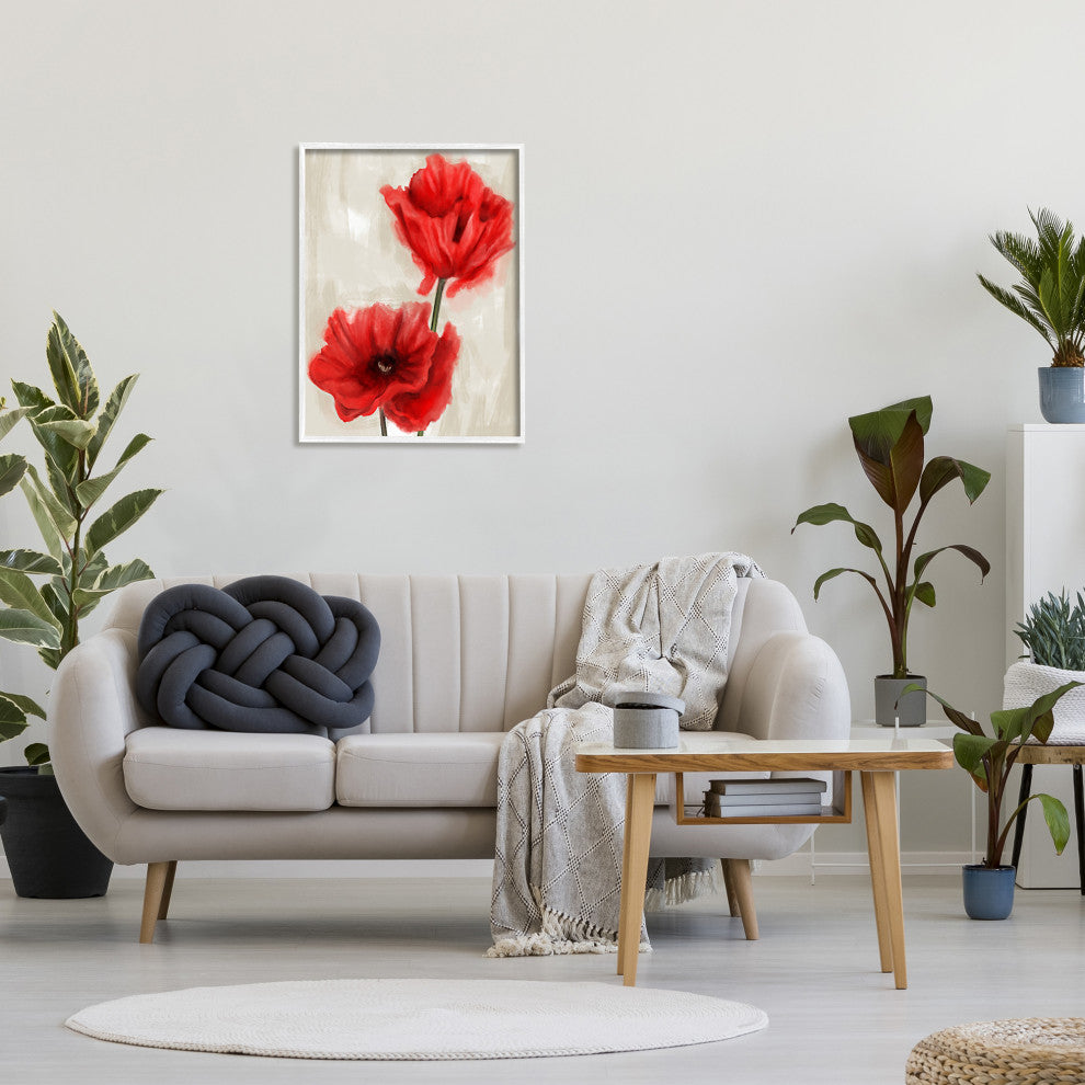 Soft Petal Poppies Red Beige Floral Painting, 24 x 30