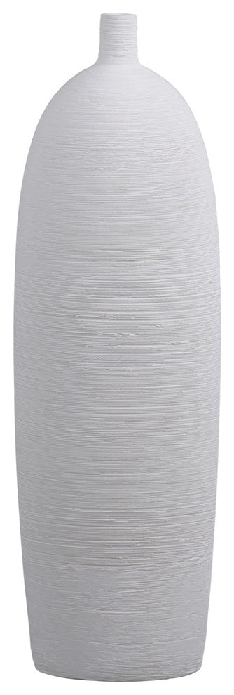 Tall Cylindrical Vase With Short Neck and Tapered Bottom, Combed Finish White