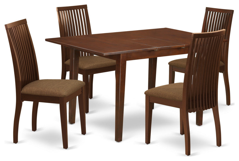 5Pc Dining Set, Rectangle Table, Four Linen Seat Chairs, Mahogany