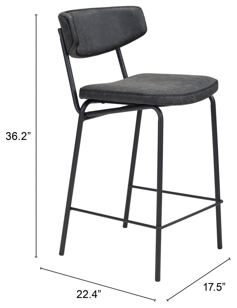 Counter Stool Chair, Set of 2, Faux Vinyl Leather, Steel, Vintage Black, Cafe