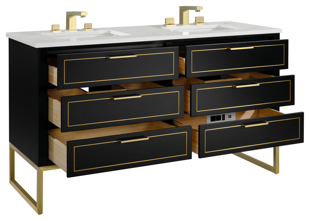 Markham Bathroom Vanity, Midnight Black/Satin Brass, 60", Calacatta Quartz Top
