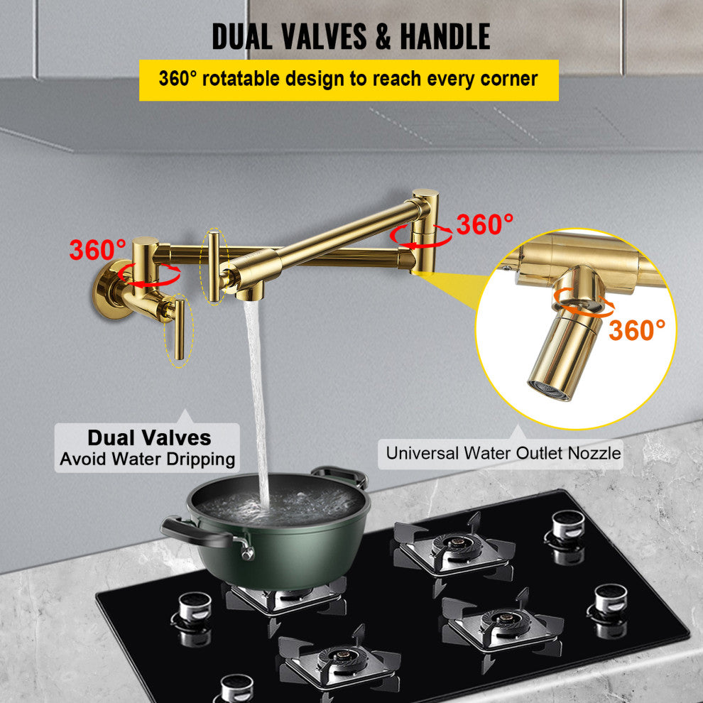 VEVOR Pot Filler Faucet Solid Brass Wall Mount Kitchen Faucet 24.4", Brushed Gold