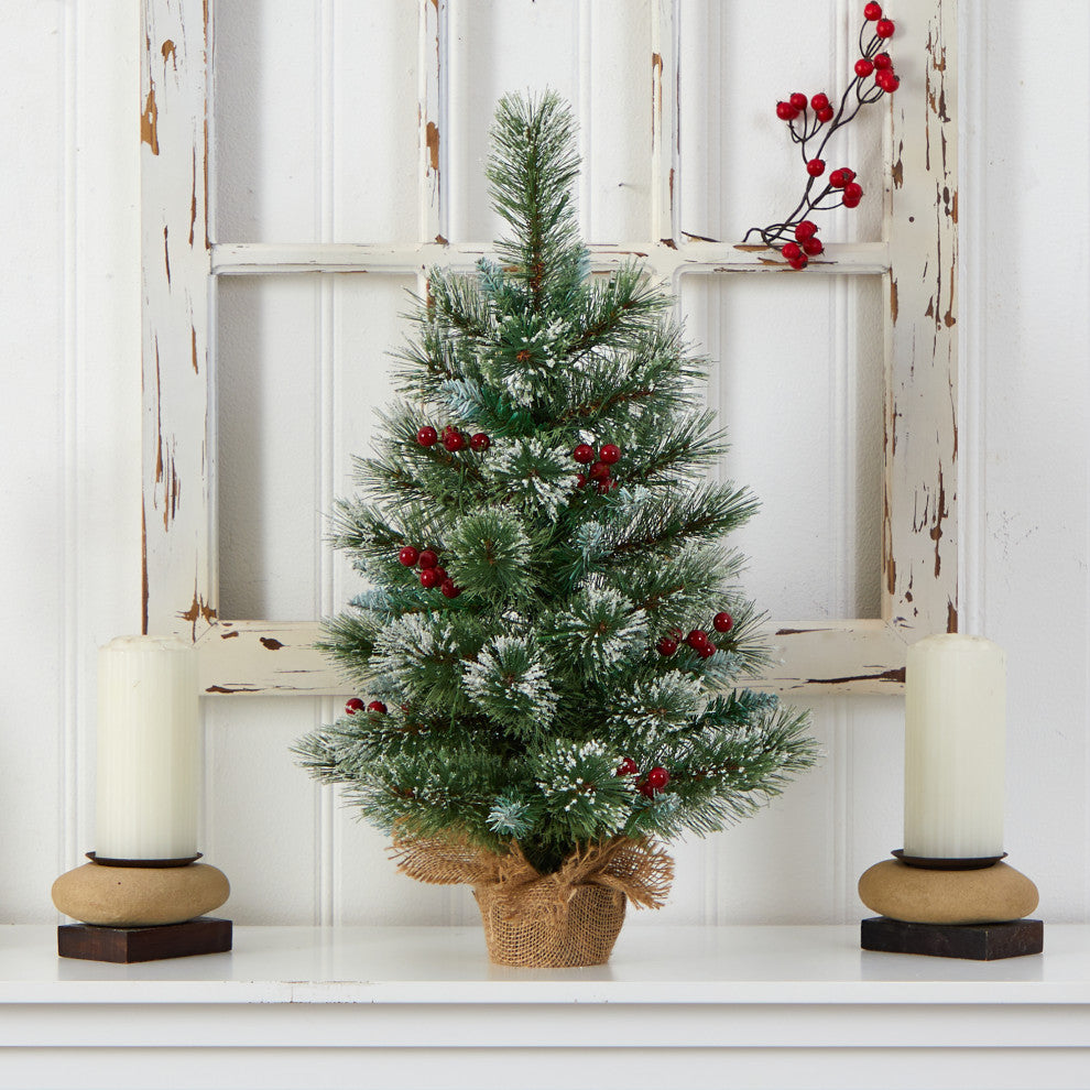 2' Snow Tipped Pine and Berry Artificial Christmas Tree With 35 White LED Lights