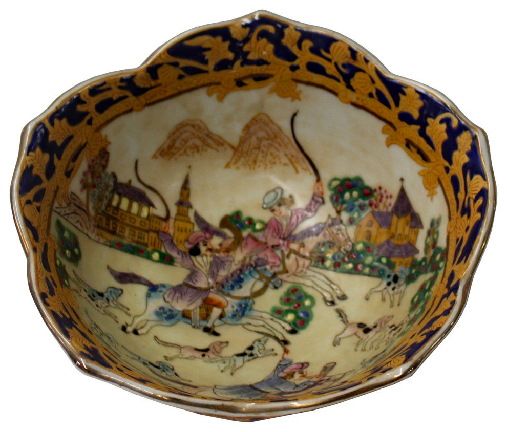 Chinese Oriental Porcelain People & Domino Puppy Bowl Container Hws785