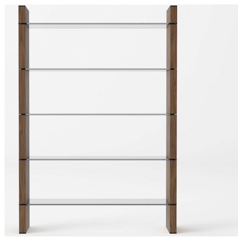 Modrest Glencoe Modern Walnut and Black Glass Bookshelf