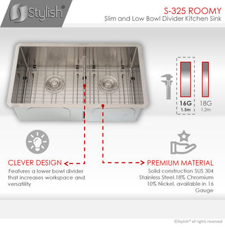 STYLISH 32" x 18" Stainless Steel Low Divider Undermount Kitchen Sink