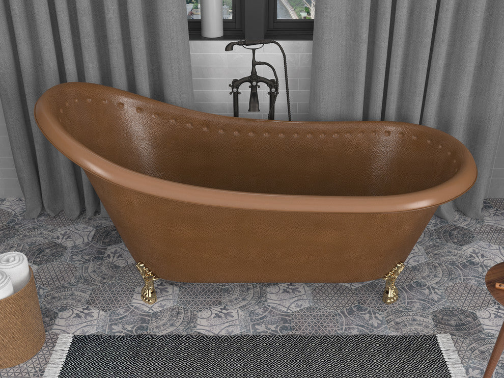 66" Handmade Slipper Clawfoot, Non-Whirlpool Bathtub, Hammered Antique Copper