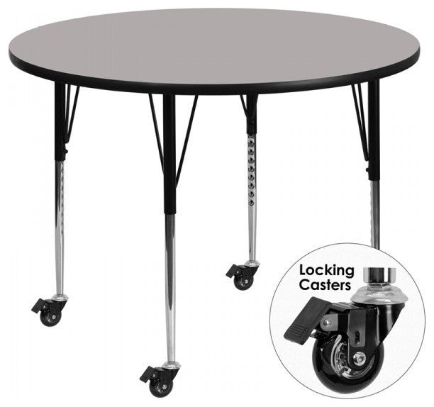 Mobile 48'' Round Grey HP Laminate Activity Table-Adjustable Legs