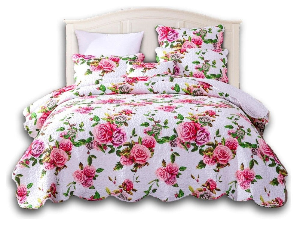 Romantic Roses Lovely Spring Pink Floral Scalloped Bedspread Set, Twin