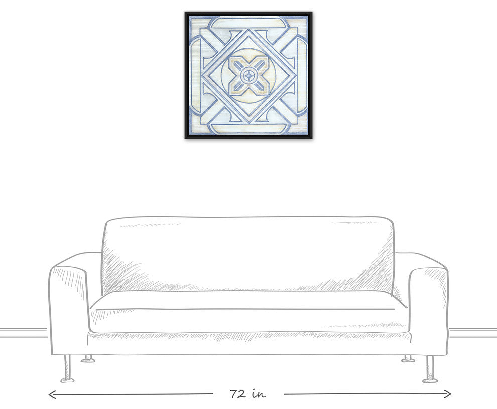 Blue and White Watercolor Tile 24x24 Black Floating Framed Canvas