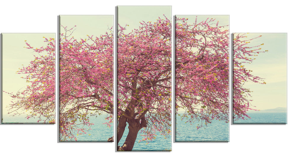 Pink Flowers on Lonely Tree, Landscape Canvas Art Print, 60"x32", 5 Panels