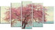 Pink Flowers on Lonely Tree, Landscape Canvas Art Print, 60"x32", 5 Panels