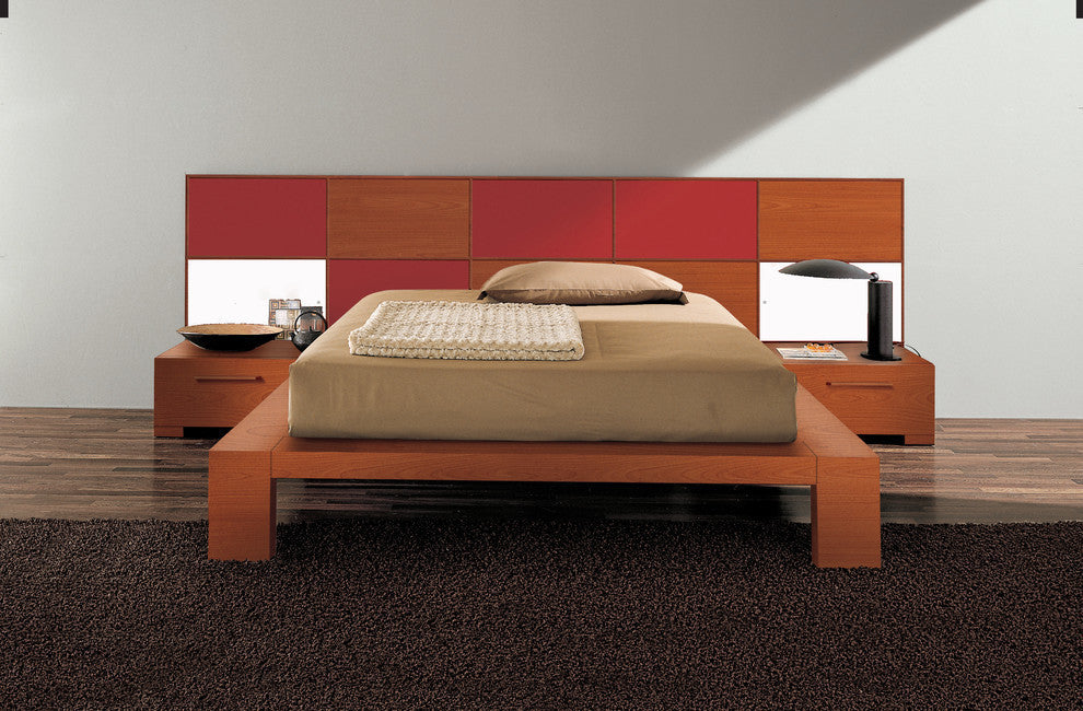 Wynd Bed With Light, Cherry Wood With Red Gloss, Queen