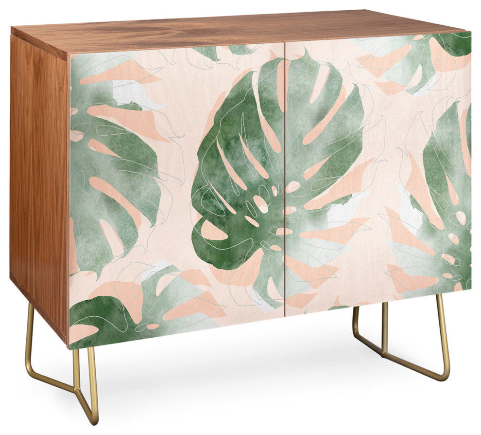 Deny Designs Bohemian Monstera Credenza, Walnut, Gold Steel Legs