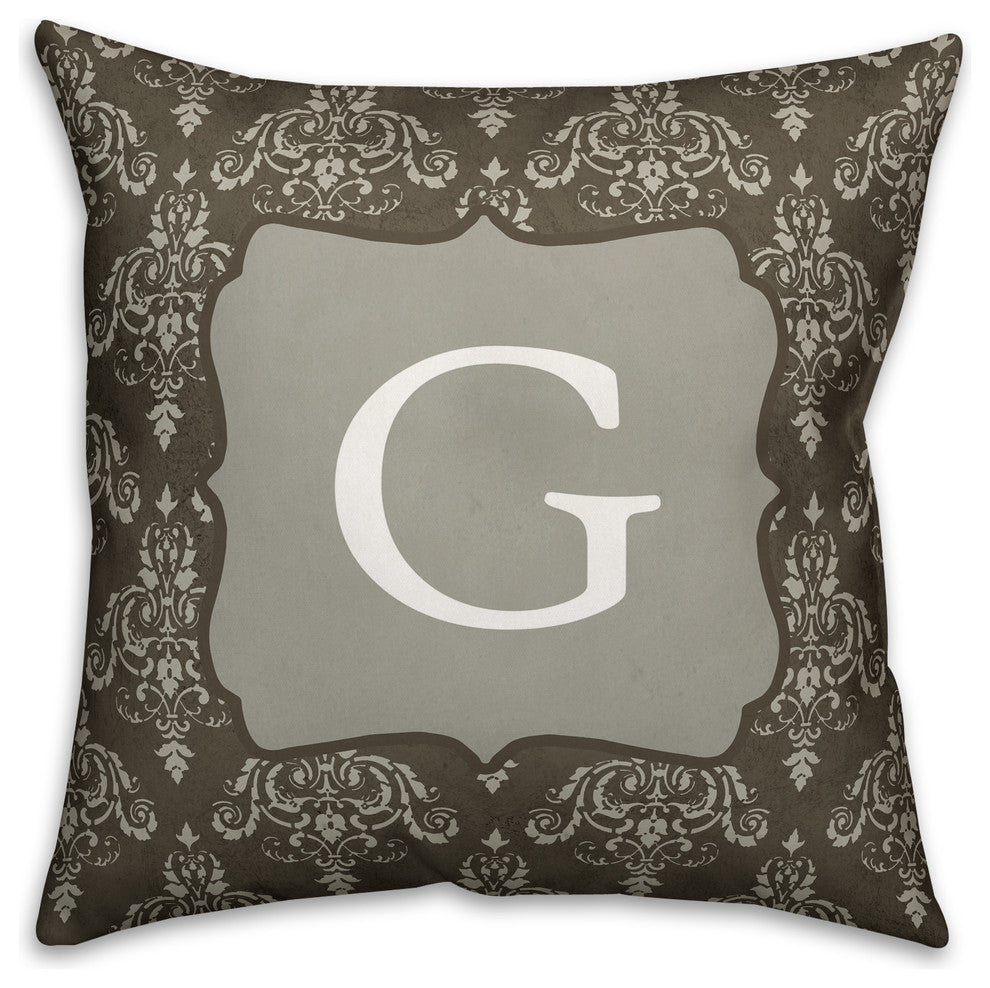 G Dark Gray Damask Monogram Spun Poly Pillow, 18x18