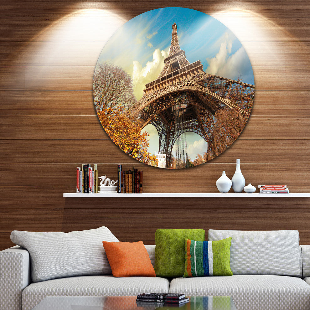 Eiffel With Winter Vegetation, Skyscape Photo Round Metal Wall Art, 36"