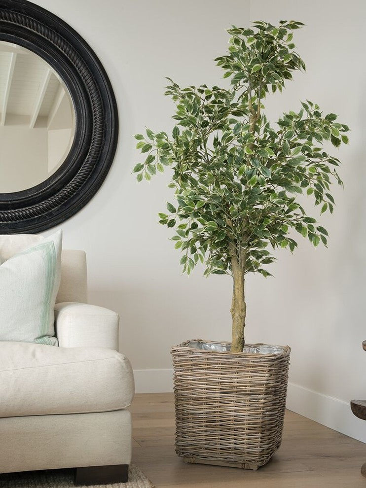 Rattan Kobo Square Planter With Plastic Liner, Gray