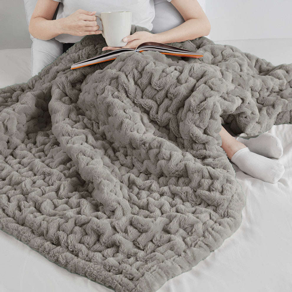 Madison Park Ruched Fur Throw, Grey