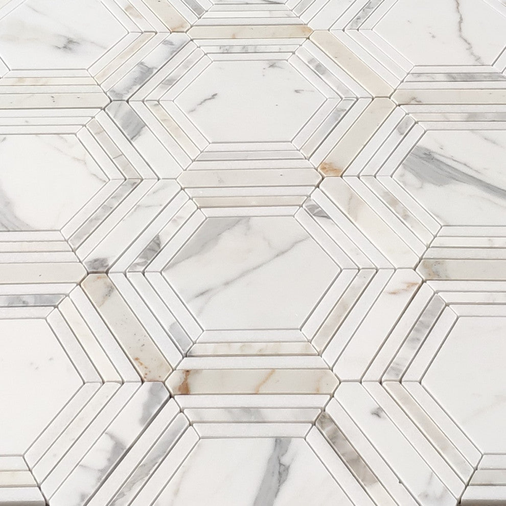 Calacatta Gold Marble Hexagon Georama Mosaic Tile Thassos White Honed, 1 sheet