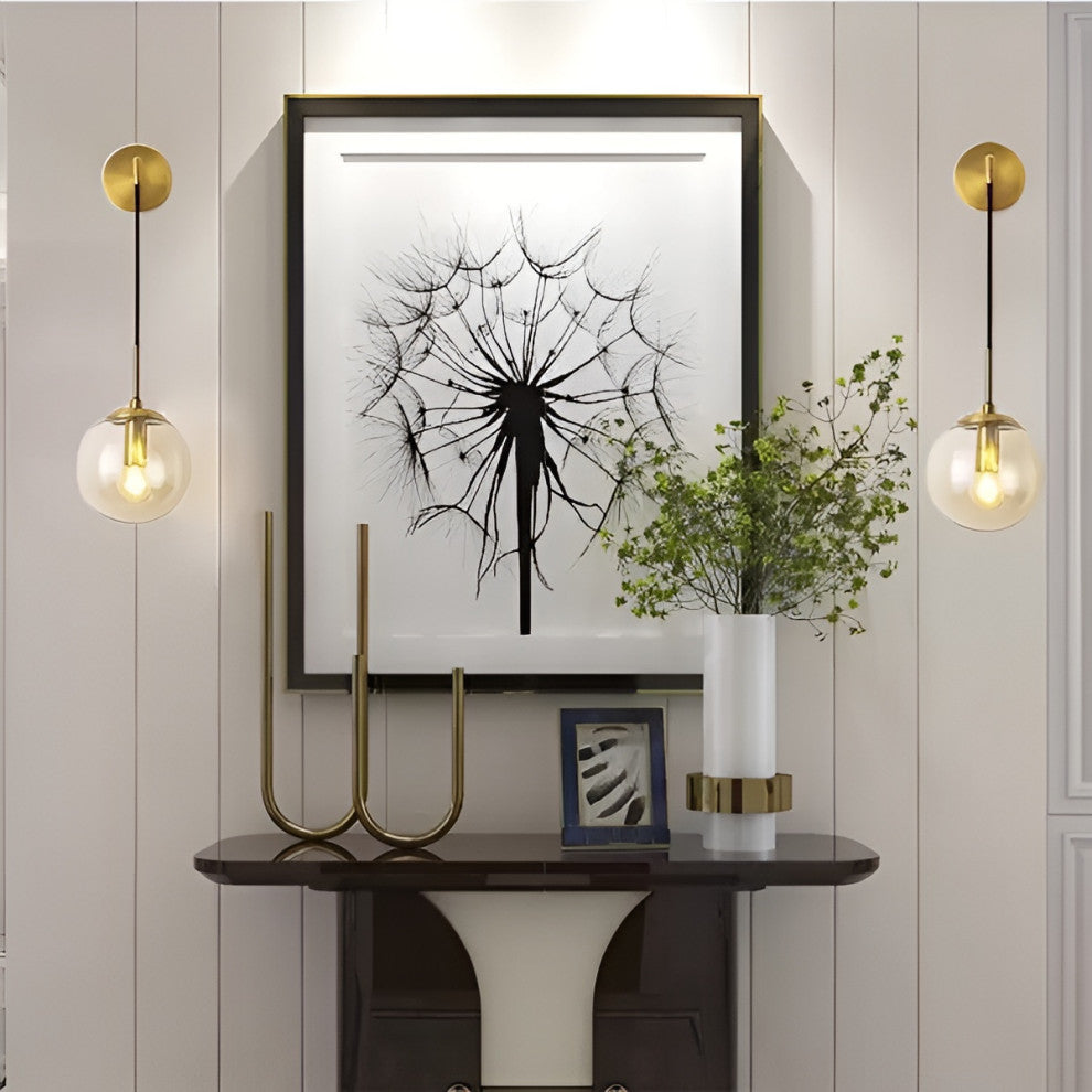 Modern LED Wall Lamp in the Shape of Glass Ball for Dining Room, Golden, Smoky Glass, Cool Light
