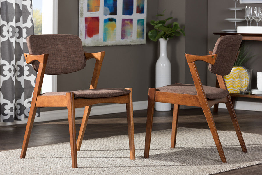 Elegant Dark Walnut Wood Brown Fabric Upholstered Dining Armchair, Set of 2
