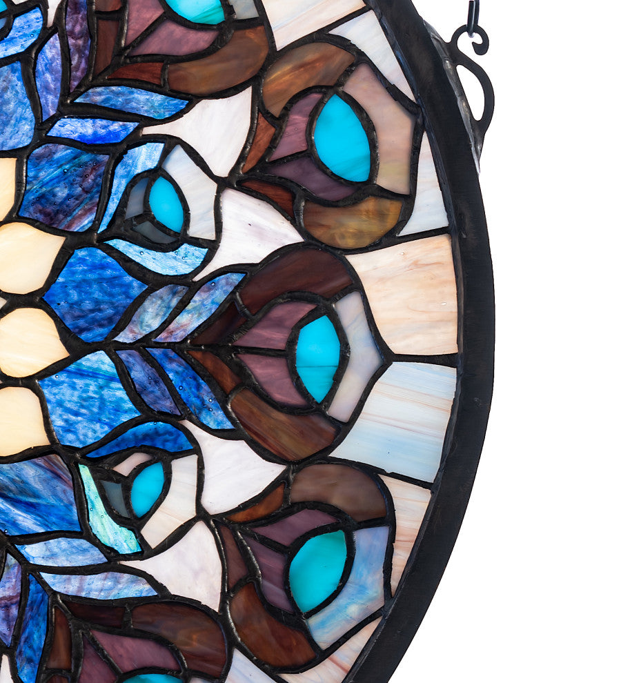 17W X 17H Tiffany Peacock Feather Medallion Stained Glass Window