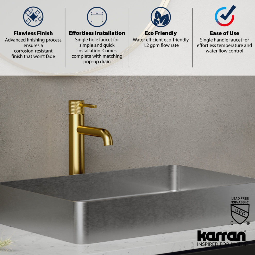 Karran 1-Handle 1-Hole Vessel Faucet With Pop-up Drain, Brushed Gold