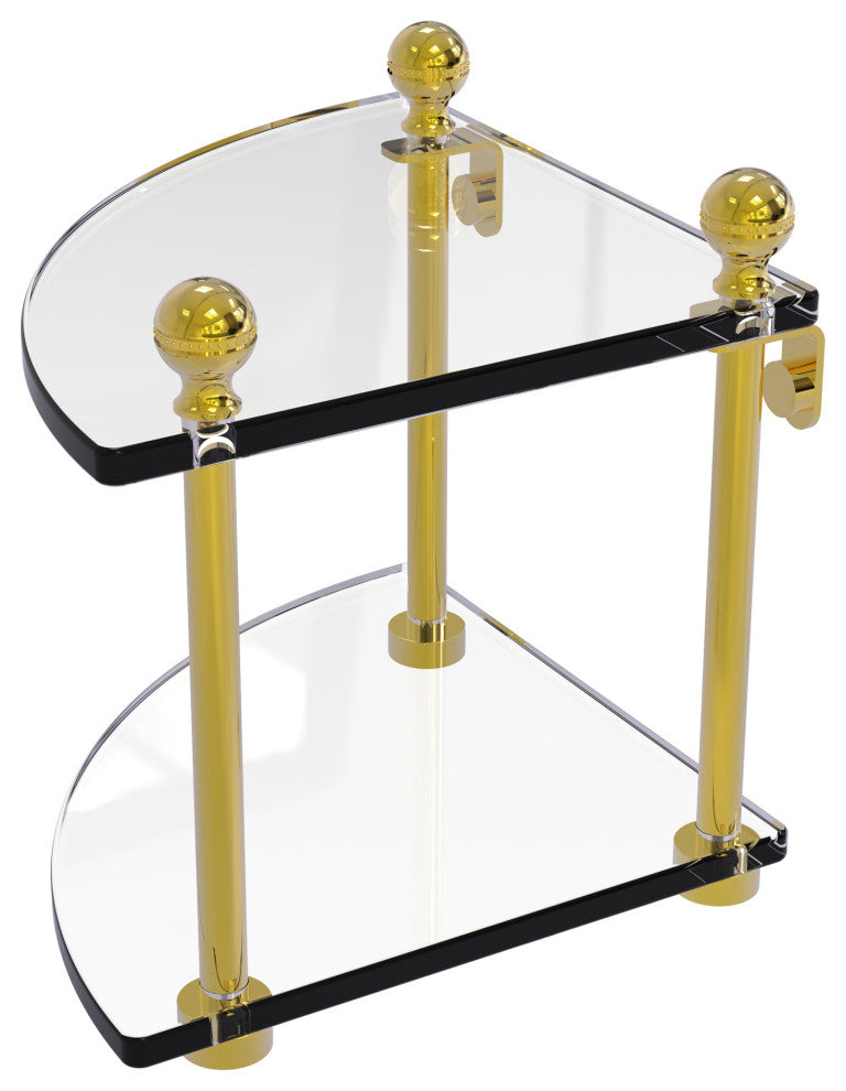Mambo 2 Tier Corner Glass Shelf, Polished Brass