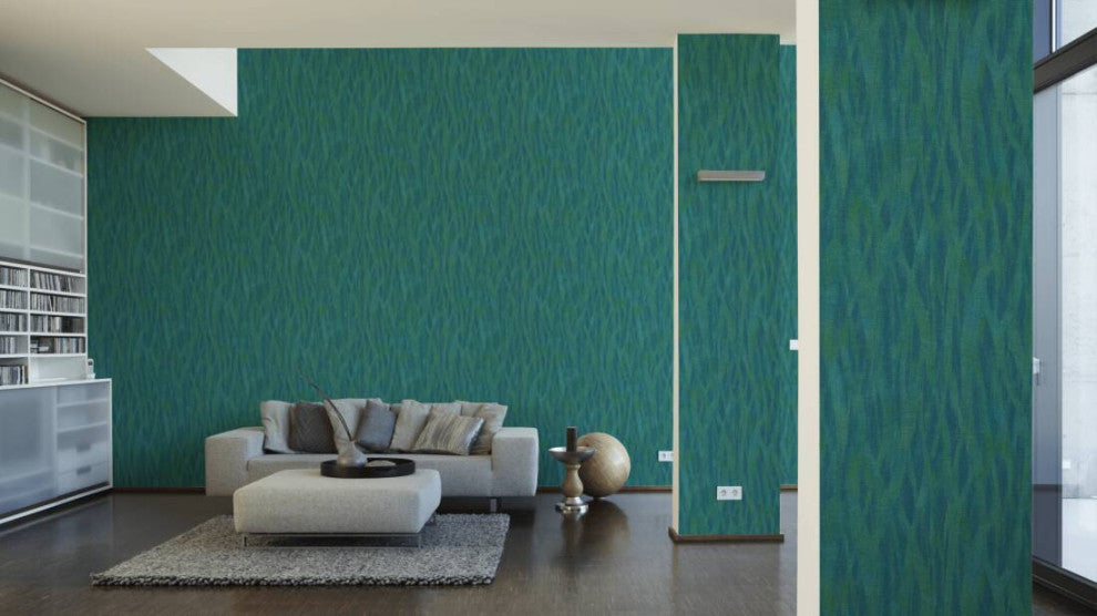 Botanical and Jungle Textured Wallpaper, Grass, Blue Gold Green Metallic, Sample