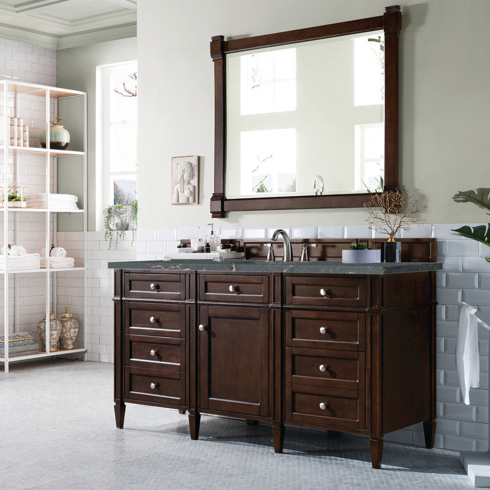 Brittany 60" Single Vanity, Burnished Mahogany, Parisien Bleu Quartz