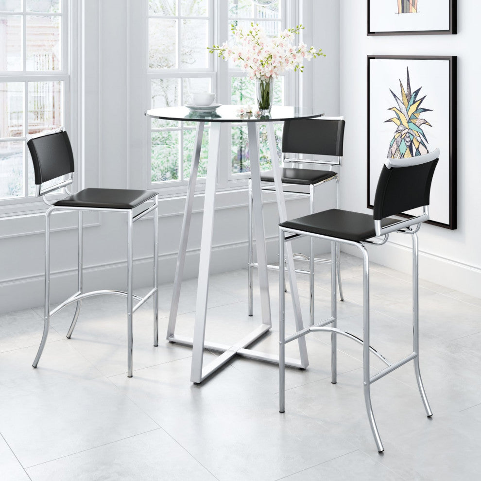 Bar Stool Chair Barstool, Set of 2, Faux Vinyl Leather, Steel, Black, Chrome