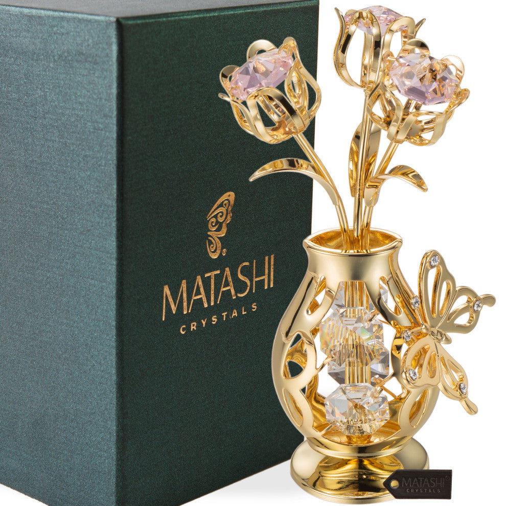 Matashi 24K Gold Plated Flower Ornament in Vase w Crystals Decorative Butterfly