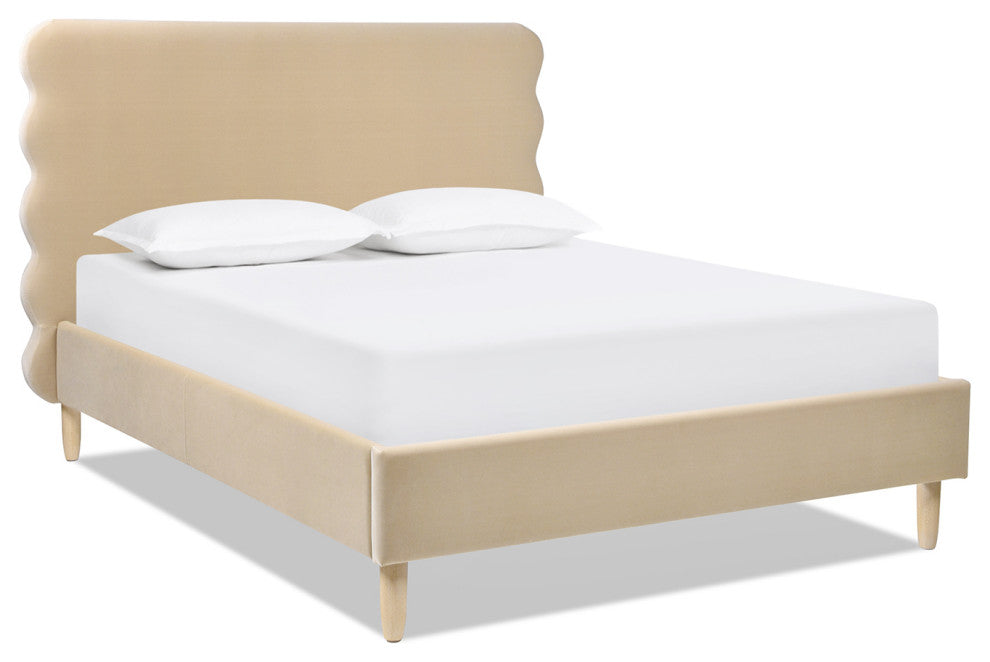 Stockholm Modern Wavy Headboard Platform Bed, Fawn Brown Performance Velvet, Queen