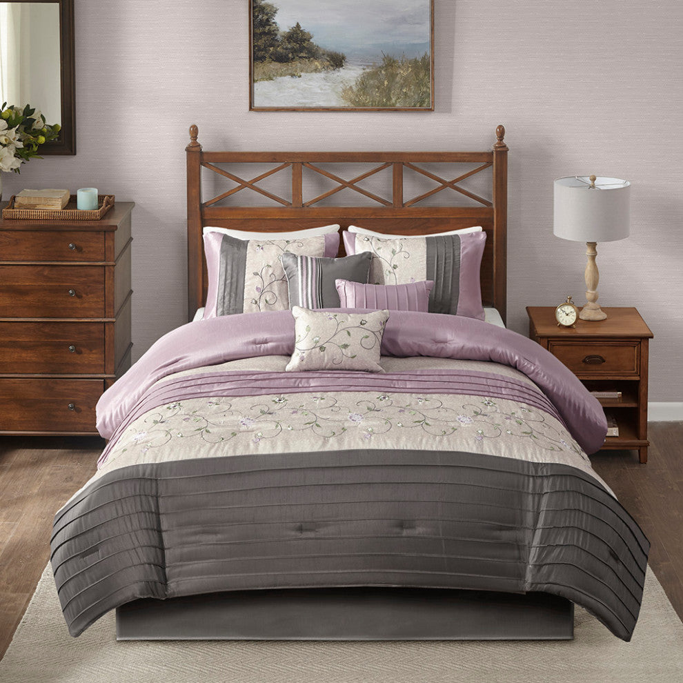 Madison Park Serene Embroidered 7 Piece Comforter Set, Purple