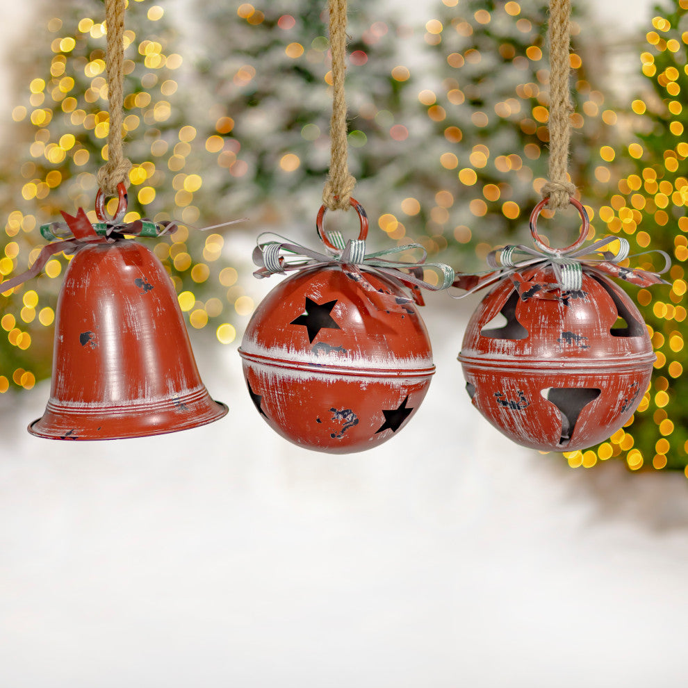 Set of 9 Assorted Sized Hanging Christmas Bells, Antique Red