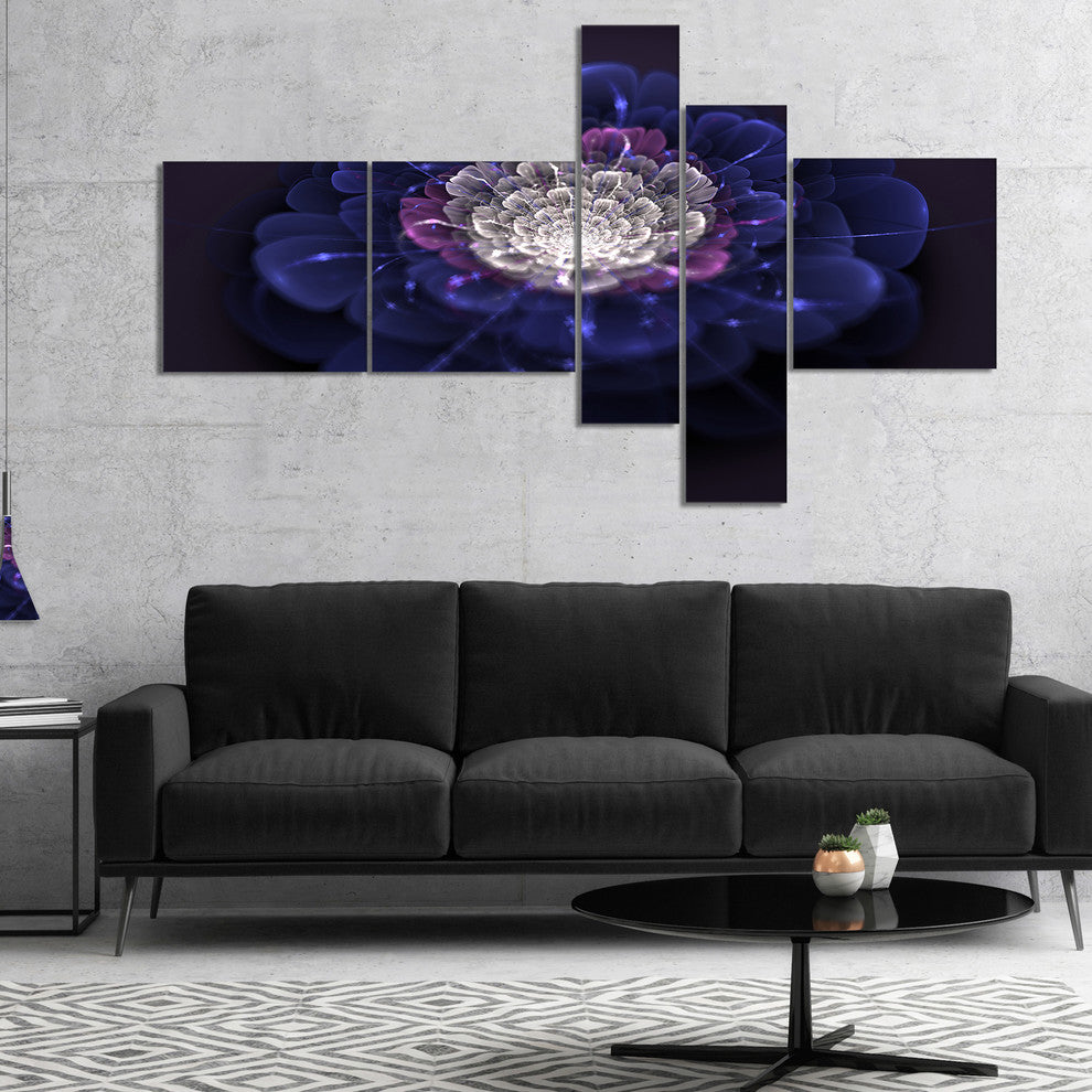 Blue White Fractal Flowers, Floral Art Canvas Print, 60"x32", 5 panels