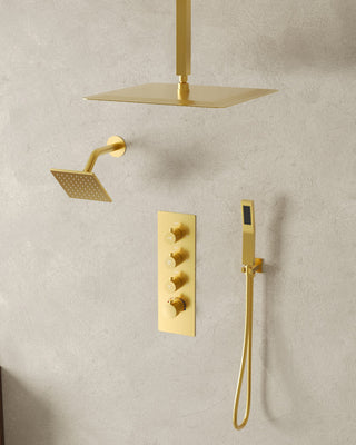 Dual Heads Shower System 16" Rain Shower Head with 4 Way Thermostatic Faucet, Brushed Gold
