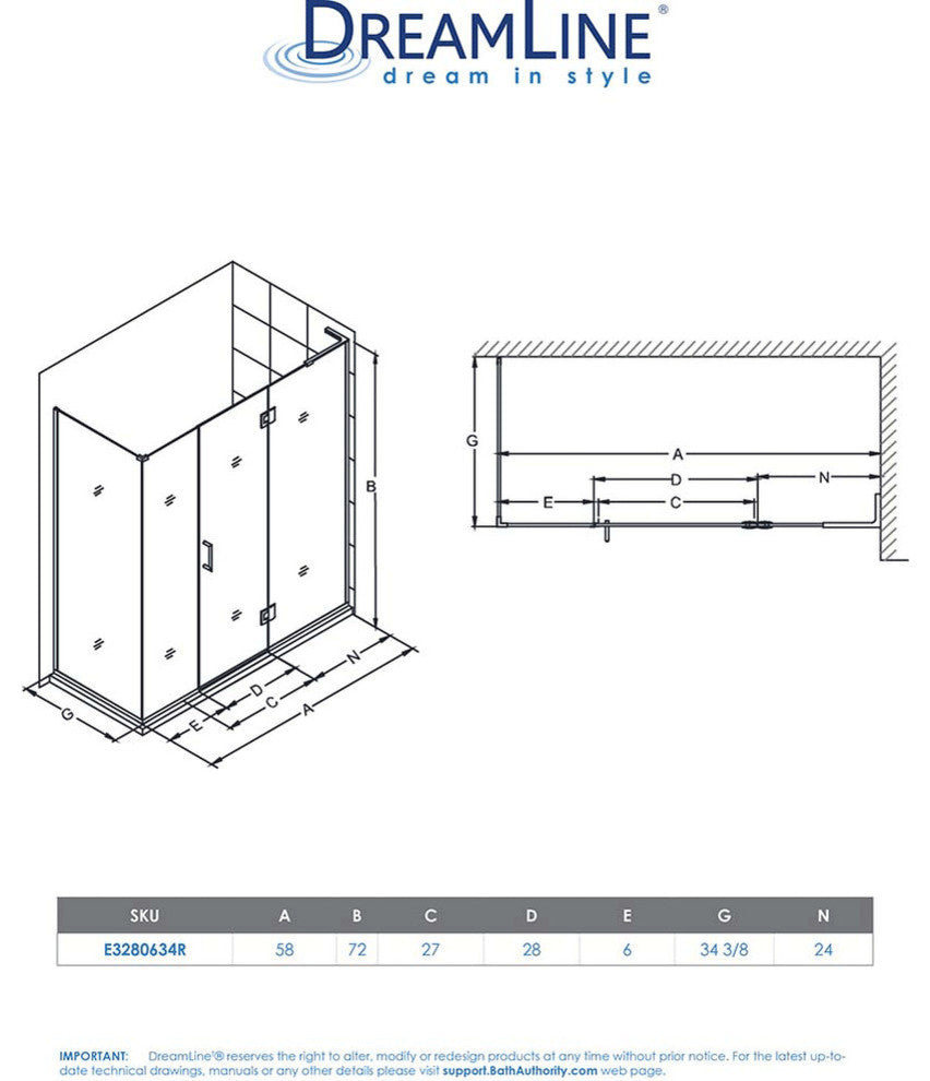 Dreamline Unidoor-X 58"x34.375"x72" Hinged Shower Enclosure